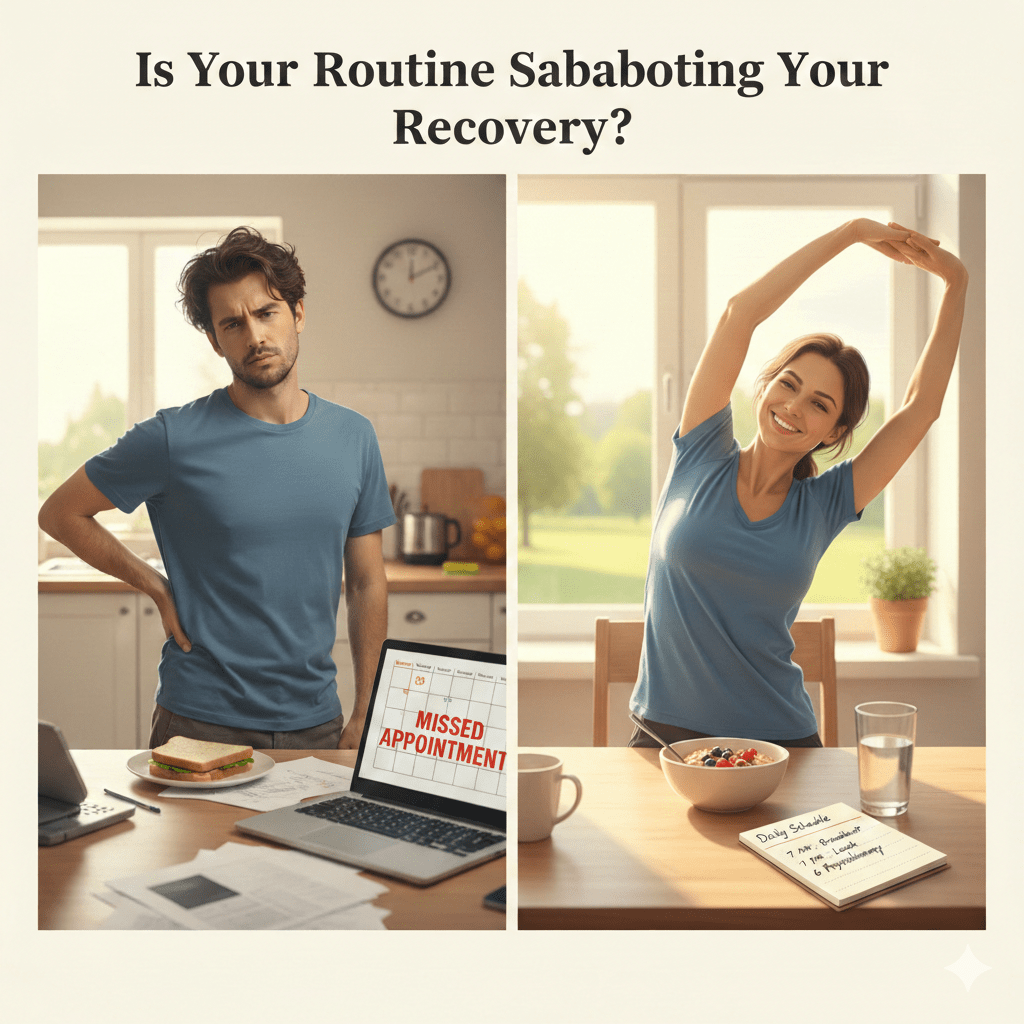 A split-screen comparison illustrating the impact of daily routine on physical recovery. New Delhi based Start Exercises Club, through its indiawide network of licensed physiotherapists, occupational therapists, prostheitsts and orthotists, is attempting to create an awareness on its impact on one's physiotherapy and physical rehabilitation outcomes.